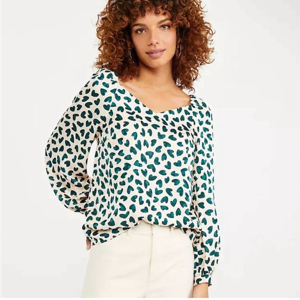 Ann Taylor Cream Blouse with Teal Heart Print